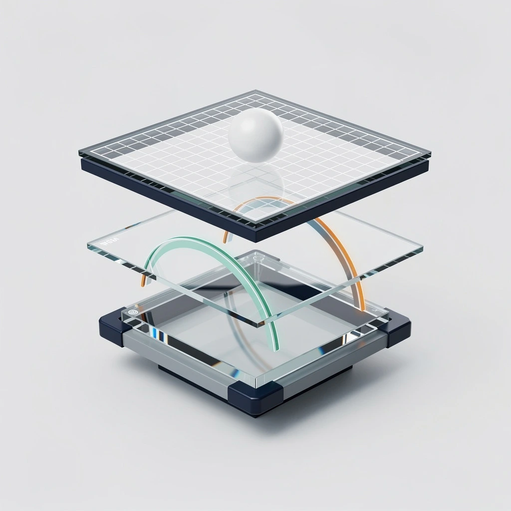 A white sphere suspended above three transparent analytical layers