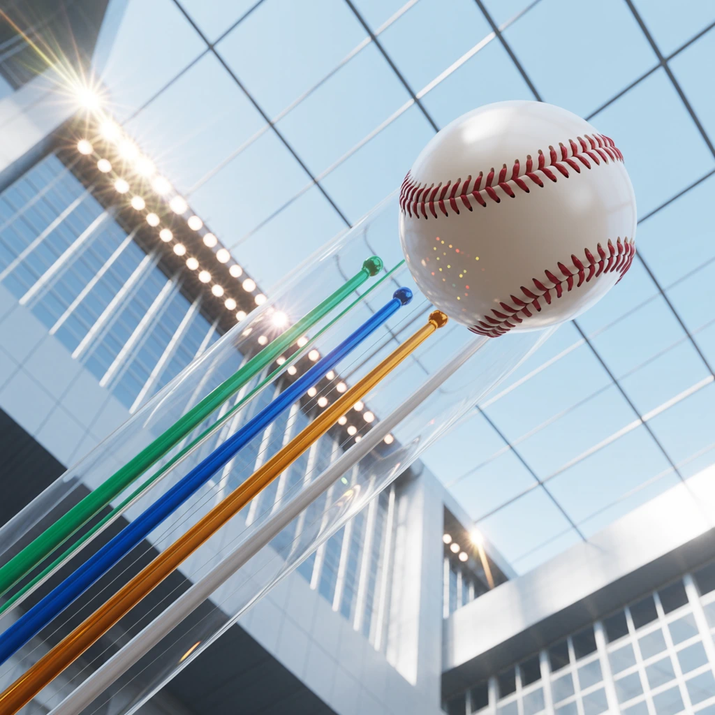 Illustrative baseball above coloured trajectories in a glass-roofed space